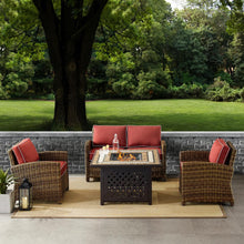 Load image into Gallery viewer, Bradenton 4Pc Outdoor Wicker Conversation Set W/Fire Table Weathered Brown/Sangria - Loveseat, Tucson Fire Table, &amp; 2 Arm Chairs
