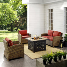 Load image into Gallery viewer, Bradenton 4Pc Outdoor Wicker Conversation Set W/Fire Table Weathered Brown/Sangria - Loveseat, Tucson Fire Table, &amp; 2 Arm Chairs
