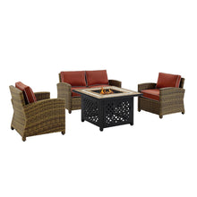 Load image into Gallery viewer, Bradenton 4Pc Outdoor Wicker Conversation Set W/Fire Table Weathered Brown/Sangria - Loveseat, Tucson Fire Table, &amp; 2 Arm Chairs
