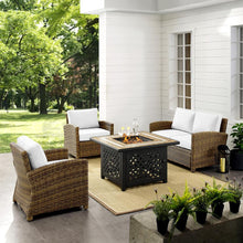 Load image into Gallery viewer, Bradenton 4Pc Outdoor Convo Set W/Fire Table - Sunbrella White/Weathered Brown - Loveseat, Tucson Fire Table, &amp; 2 Arm Chairs
