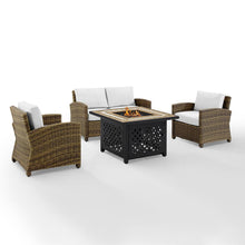 Load image into Gallery viewer, Bradenton 4Pc Outdoor Convo Set W/Fire Table - Sunbrella White/Weathered Brown - Loveseat, Tucson Fire Table, &amp; 2 Arm Chairs
