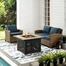 Load image into Gallery viewer, Bradenton 3Pc Outdoor Wicker Conversation Set W/Fire Table Weathered Brown/Navy - Loveseat, Armchair, &amp; Tucson Fire Table
