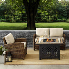 Load image into Gallery viewer, Bradenton 3Pc Outdoor Wicker Conversation Set W/Fire Table Weathered Brown/Sand - Loveseat, Armchair, &amp; Tucson Fire Table
