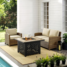 Load image into Gallery viewer, Bradenton 3Pc Outdoor Wicker Conversation Set W/Fire Table Weathered Brown/Sand - Loveseat, Armchair, &amp; Tucson Fire Table
