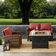 Load image into Gallery viewer, Bradenton 3Pc Outdoor Wicker Conversation Set W/Fire Table Weathered Brown/Sangria - Loveseat, Armchair, &amp; Tucson Fire Table
