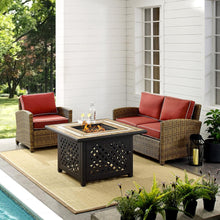 Load image into Gallery viewer, Bradenton 3Pc Outdoor Wicker Conversation Set W/Fire Table Weathered Brown/Sangria - Loveseat, Armchair, &amp; Tucson Fire Table

