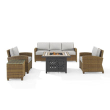 Load image into Gallery viewer, Bradenton 5Pc Outdoor Wicker Sofa Set W/Fire Table Gray/Weathered Brown - Sofa, Side Table, Tucson Fire Table, &amp; 2 Armchairs
