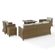Load image into Gallery viewer, Bradenton 5Pc Outdoor Wicker Sofa Set W/Fire Table Gray/Weathered Brown - Sofa, Side Table, Tucson Fire Table, &amp; 2 Armchairs
