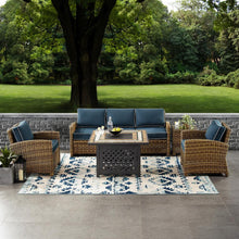 Load image into Gallery viewer, Bradenton 5Pc Outdoor Wicker Sofa Set W/Fire Table Weathered Brown/Navy - Sofa, Side Table, Tucson Fire Table, &amp; 2 Armchairs
