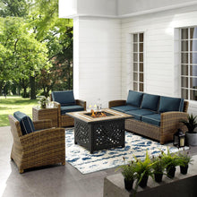 Load image into Gallery viewer, Bradenton 5Pc Outdoor Wicker Sofa Set W/Fire Table Weathered Brown/Navy - Sofa, Side Table, Tucson Fire Table, &amp; 2 Armchairs
