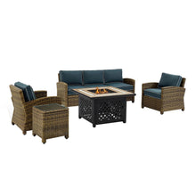 Load image into Gallery viewer, Bradenton 5Pc Outdoor Wicker Sofa Set W/Fire Table Weathered Brown/Navy - Sofa, Side Table, Tucson Fire Table, &amp; 2 Armchairs
