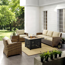 Load image into Gallery viewer, Bradenton 5Pc Outdoor Wicker Sofa Set W/Fire Table Weathered Brown/Sand - Sofa, Side Table, Tucson Fire Table, &amp; 2 Armchairs
