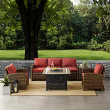Load image into Gallery viewer, Bradenton 5Pc Outdoor Wicker Sofa Set W/Fire Table Weathered Brown/Sangria - Sofa, Side Table, Tucson Fire Table, &amp; 2 Armchairs
