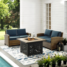Load image into Gallery viewer, Bradenton 3Pc Outdoor Wicker Conversation Set W/Fire Table Navy/Weathered Brown - Tucson Fire Table &amp; 2 Loveseats
