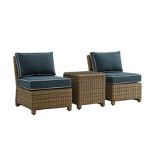 Load image into Gallery viewer, Bradenton 3Pc Outdoor Wicker Chair Set Navy/Weathered Brown - Side Table &amp; 2 Armless Chairs

