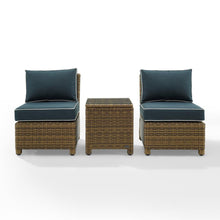 Load image into Gallery viewer, Bradenton 3Pc Outdoor Wicker Chair Set Navy/Weathered Brown - Side Table &amp; 2 Armless Chairs
