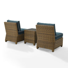 Load image into Gallery viewer, Bradenton 3Pc Outdoor Wicker Chair Set Navy/Weathered Brown - Side Table &amp; 2 Armless Chairs
