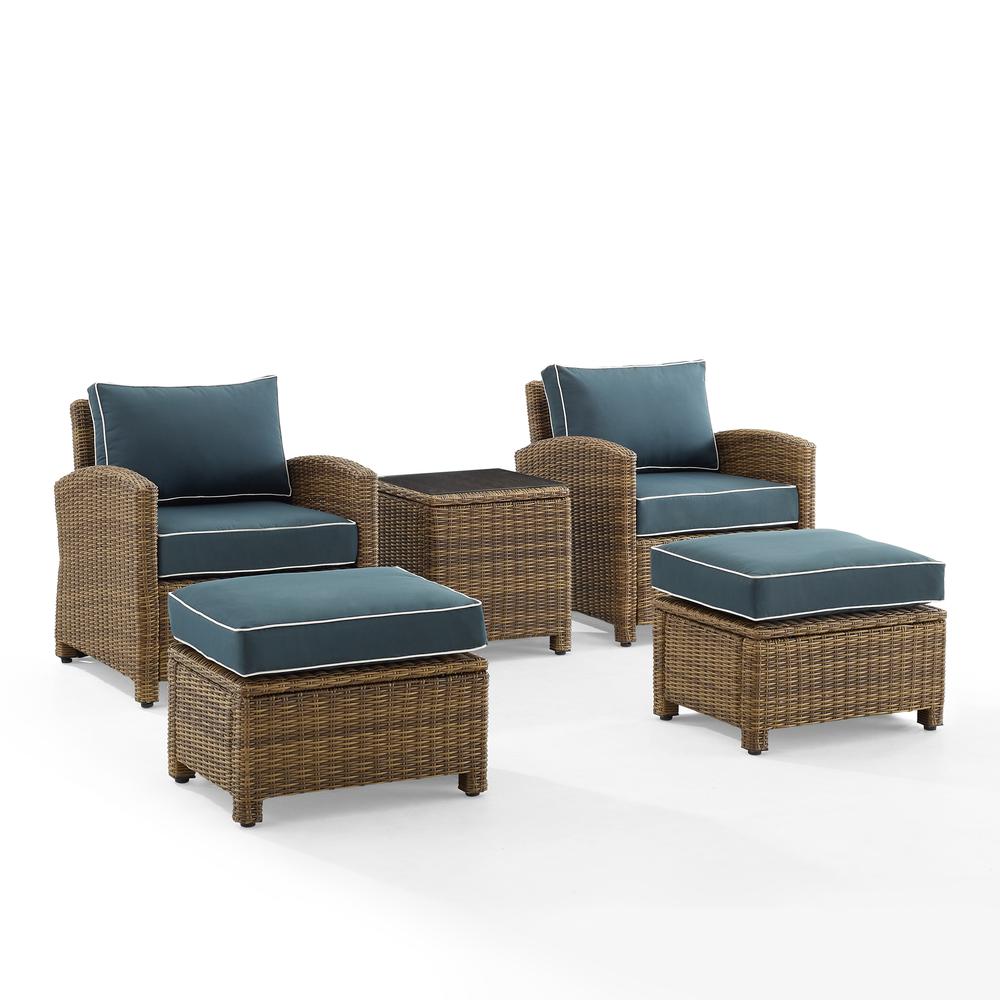 Bradenton 5Pc Outdoor Wicker Armchair Set Navy/ Weathered Brown - Side Table, 2 Arm Chairs & 2 Ottomans