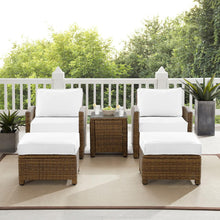 Load image into Gallery viewer, Bradenton 5Pc Outdoor Armchair Set - Sunbrella White/Weathered Brown - Side Table, 2 Arm Chairs &amp; 2 Ottomans

