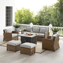 Load image into Gallery viewer, Bradenton 6Pc Outdoor Wicker Sofa Set W/Fire Table Gray/Weathered Brown - Tucson Fire Table, Sofa, 2 Armchairs &amp; 2 Ottomans
