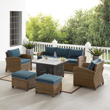 Load image into Gallery viewer, Bradenton 6Pc Outdoor Wicker Sofa Set W/Fire Table Navy/Weathered Brown - Tucson Fire Table, Sofa, 2 Armchairs &amp; 2 Ottomans
