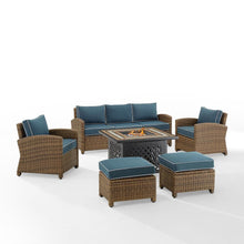 Load image into Gallery viewer, Bradenton 6Pc Outdoor Wicker Sofa Set W/Fire Table Navy/Weathered Brown - Tucson Fire Table, Sofa, 2 Armchairs &amp; 2 Ottomans
