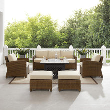 Load image into Gallery viewer, Bradenton 6Pc Outdoor Wicker Sofa Set W/Fire Table Sand/Weathered Brown - Tucson Fire Table, Sofa, 2 Armchairs &amp; 2 Ottomans

