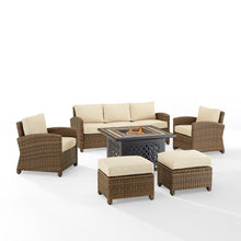Load image into Gallery viewer, Bradenton 6Pc Outdoor Wicker Sofa Set W/Fire Table Sand/Weathered Brown - Tucson Fire Table, Sofa, 2 Armchairs &amp; 2 Ottomans

