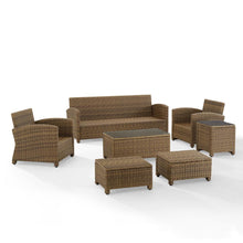 Load image into Gallery viewer, Bradenton 7Pc Outdoor Wicker Sofa Set Navy/Weathered Brown - Sofa, Coffee Table, Side Table, 2 Armchairs &amp; 2 Ottomans
