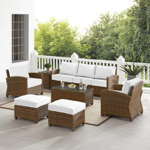 Load image into Gallery viewer, Bradenton 7Pc Outdoor Wicker Sofa Set - Sunbrella White/Weathered Brown - Sofa, Coffee Table, Side Table, 2 Armchairs &amp; 2 Ottomans
