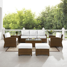 Load image into Gallery viewer, Bradenton 7Pc Outdoor Wicker Sofa Set - Sunbrella White/Weathered Brown - Sofa, Coffee Table, Side Table, 2 Armchairs &amp; 2 Ottomans
