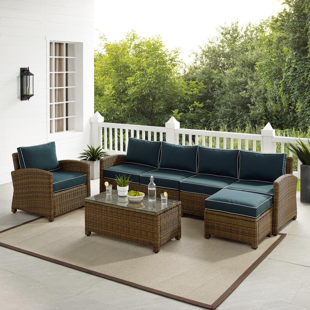 Bradenton 5Pc Outdoor Wicker Sectional Set Navy /Weathered Brown - Left Loveseat, Right Loveseat, Armchair, Coffee Table, & Ottoman