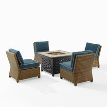 Load image into Gallery viewer, Bradenton 5Pc Outdoor Wicker Conversation Set W/Fire Table Navy/Weathered Brown - Tucson Fire Table &amp; 4 Armless Chairs

