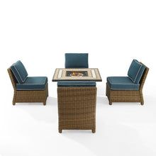 Load image into Gallery viewer, Bradenton 5Pc Outdoor Wicker Conversation Set W/Fire Table Navy/Weathered Brown - Tucson Fire Table &amp; 4 Armless Chairs
