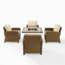 Load image into Gallery viewer, Bradenton 5Pc Outdoor Wicker Conversation Set W/Fire Table Sand/Weathered Brown - Tucson Fire Table &amp; 4 Armchairs
