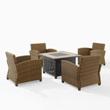 Load image into Gallery viewer, Bradenton 5Pc Outdoor Wicker Conversation Set W/Fire Table Sangria/Weathered Brown - Tucson Fire Table &amp; 4 Armchairs
