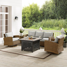 Load image into Gallery viewer, Bradenton 5Pc Swivel Rocker And Sofa Set W/Fire Table Gray/Weathered Brown - Tucson Fire Table, Sofa, Side Table, &amp; 2 Swivel Rockers
