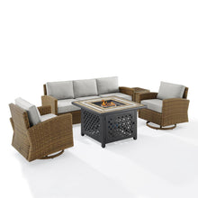 Load image into Gallery viewer, Bradenton 5Pc Swivel Rocker And Sofa Set W/Fire Table Gray/Weathered Brown - Tucson Fire Table, Sofa, Side Table, &amp; 2 Swivel Rockers
