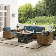Load image into Gallery viewer, Bradenton 5Pc Swivel Rocker And Sofa Set W/Fire Table Navy/Weathered Brown - Tucson Fire Table, Sofa, Side Table, &amp; 2 Swivel Rockers
