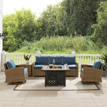 Load image into Gallery viewer, Bradenton 5Pc Swivel Rocker And Sofa Set W/Fire Table Navy/Weathered Brown - Tucson Fire Table, Sofa, Side Table, &amp; 2 Swivel Rockers
