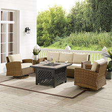 Load image into Gallery viewer, Bradenton 5Pc Swivel Rocker And Sofa Set W/Fire Table Sand/Weathered Brown - Tucson Fire Table, Sofa, Side Table, &amp; 2 Swivel Rockers
