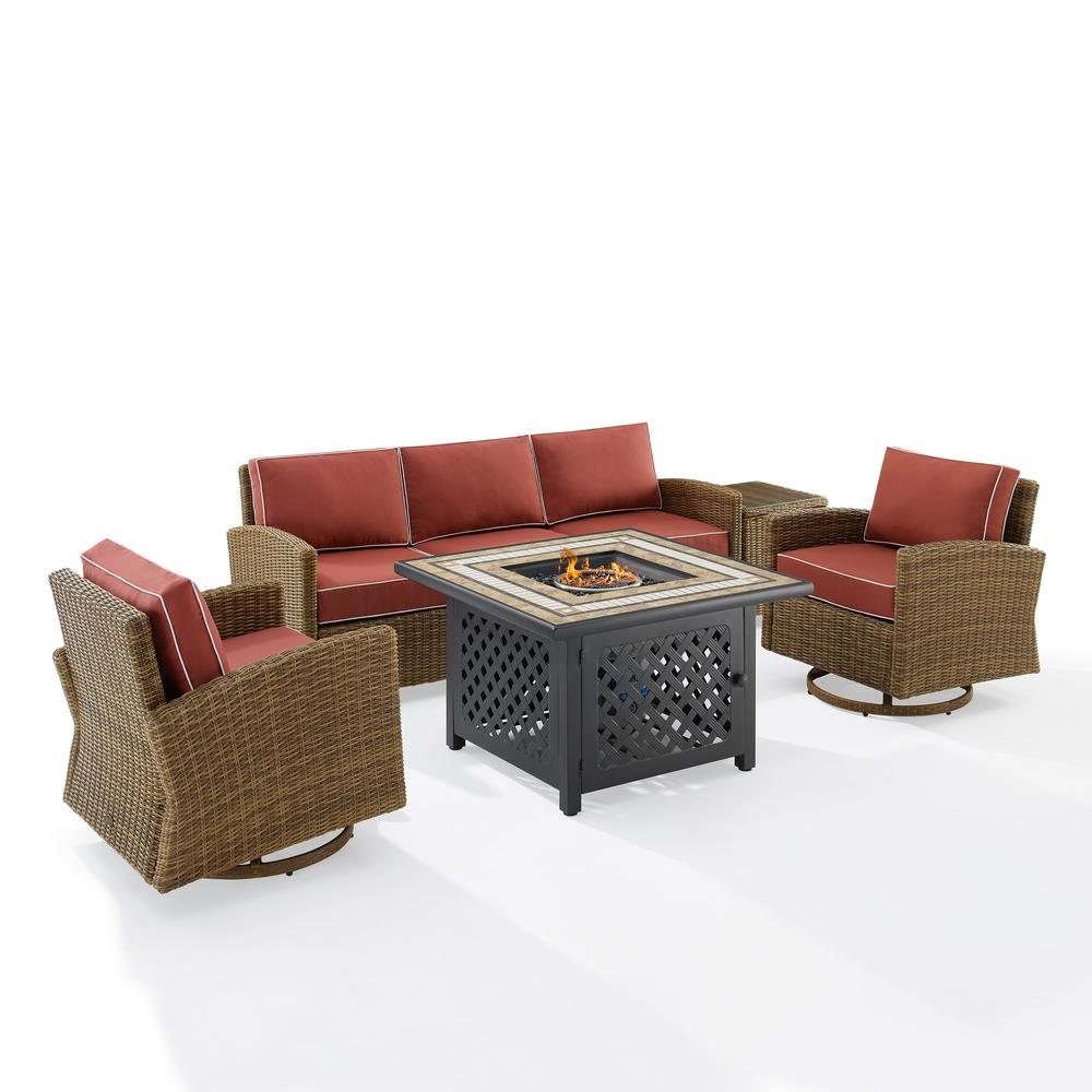 Bradenton 5Pc Swivel Rocker And Sofa Set W/Fire Table Sangria/Weathered Brown - Tucson Fire Table, Sofa, Side Table, & 2 Swivel Rockers