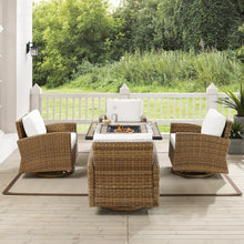 Load image into Gallery viewer, Bradenton 5Pc Conversation Set W/Fire Table - Sunbrella White/Weathered Brown - Tucson Fire Table &amp; 4 Swivel Rockers
