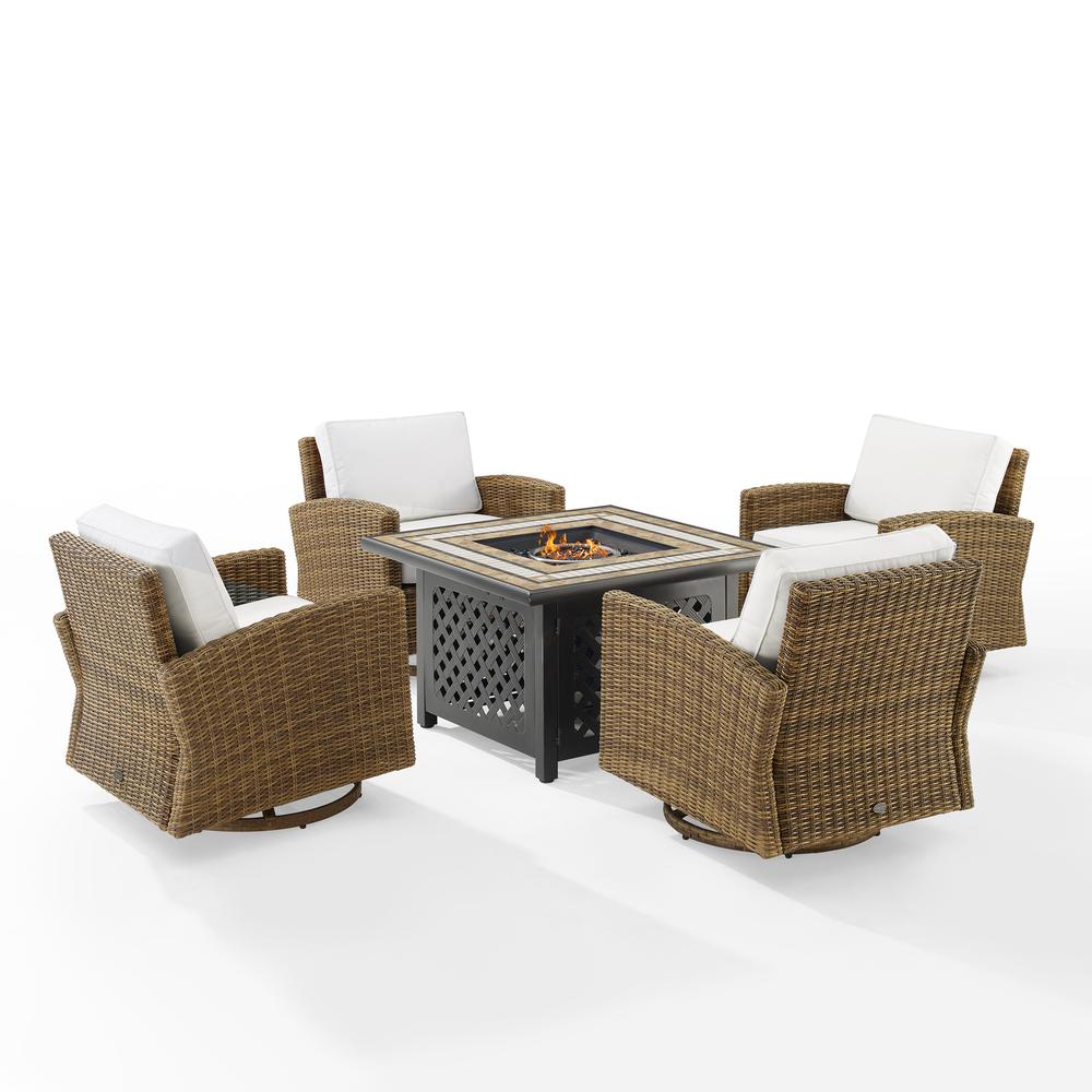 Bradenton 5Pc Conversation Set W/Fire Table - Sunbrella White/Weathered Brown - Tucson Fire Table & 4 Swivel Rockers