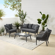 Load image into Gallery viewer, Dover 4Pc Outdoor Rope Conversation Set Charcoal/Matte Black - Loveseat, Coffee Table, &amp; 2 Armchairs

