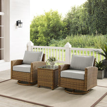Load image into Gallery viewer, Bradenton 3Pc Outdoor Wicker Swivel Rocker Chair Set Gray/Weathered Brown - Side Table &amp; 2 Swivel Rockers
