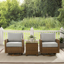 Load image into Gallery viewer, Bradenton 3Pc Outdoor Wicker Swivel Rocker Chair Set Gray/Weathered Brown - Side Table &amp; 2 Swivel Rockers
