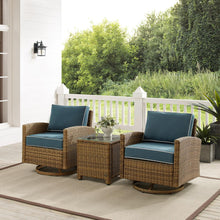 Load image into Gallery viewer, Bradenton 3Pc Outdoor Wicker Swivel Rocker Chair Set Navy/Weathered Brown - Side Table &amp; 2 Swivel Rockers
