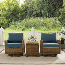 Load image into Gallery viewer, Bradenton 3Pc Outdoor Wicker Swivel Rocker Chair Set Navy/Weathered Brown - Side Table &amp; 2 Swivel Rockers
