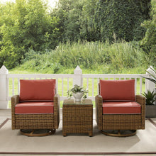 Load image into Gallery viewer, Bradenton 3Pc Outdoor Wicker Swivel Rocker Chair Set Sangria/Weathered Brown - Side Table &amp; 2 Swivel Rockers
